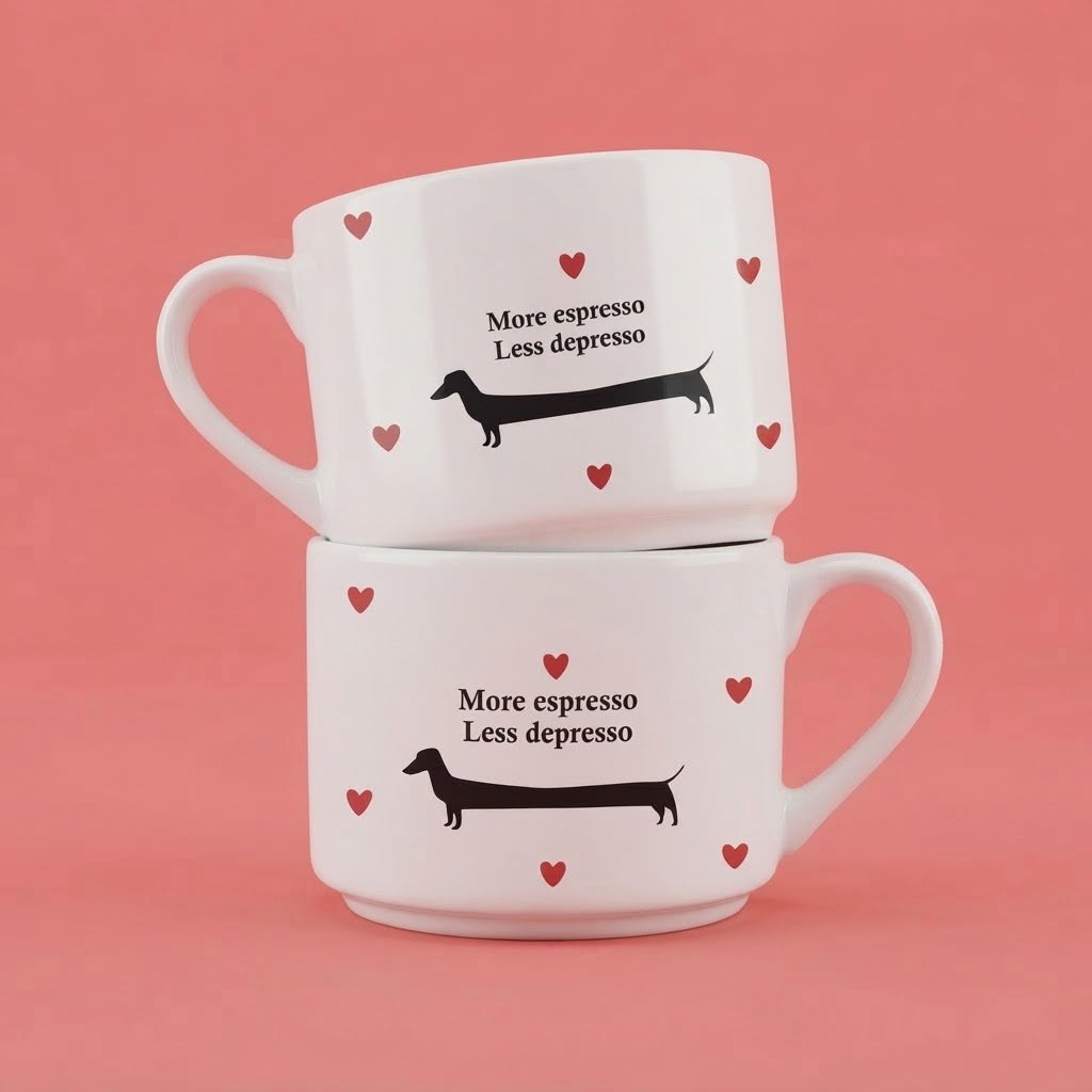 Dve bele šolje sa srcima i crtežom jazavičara, natpis More espresso less depresso